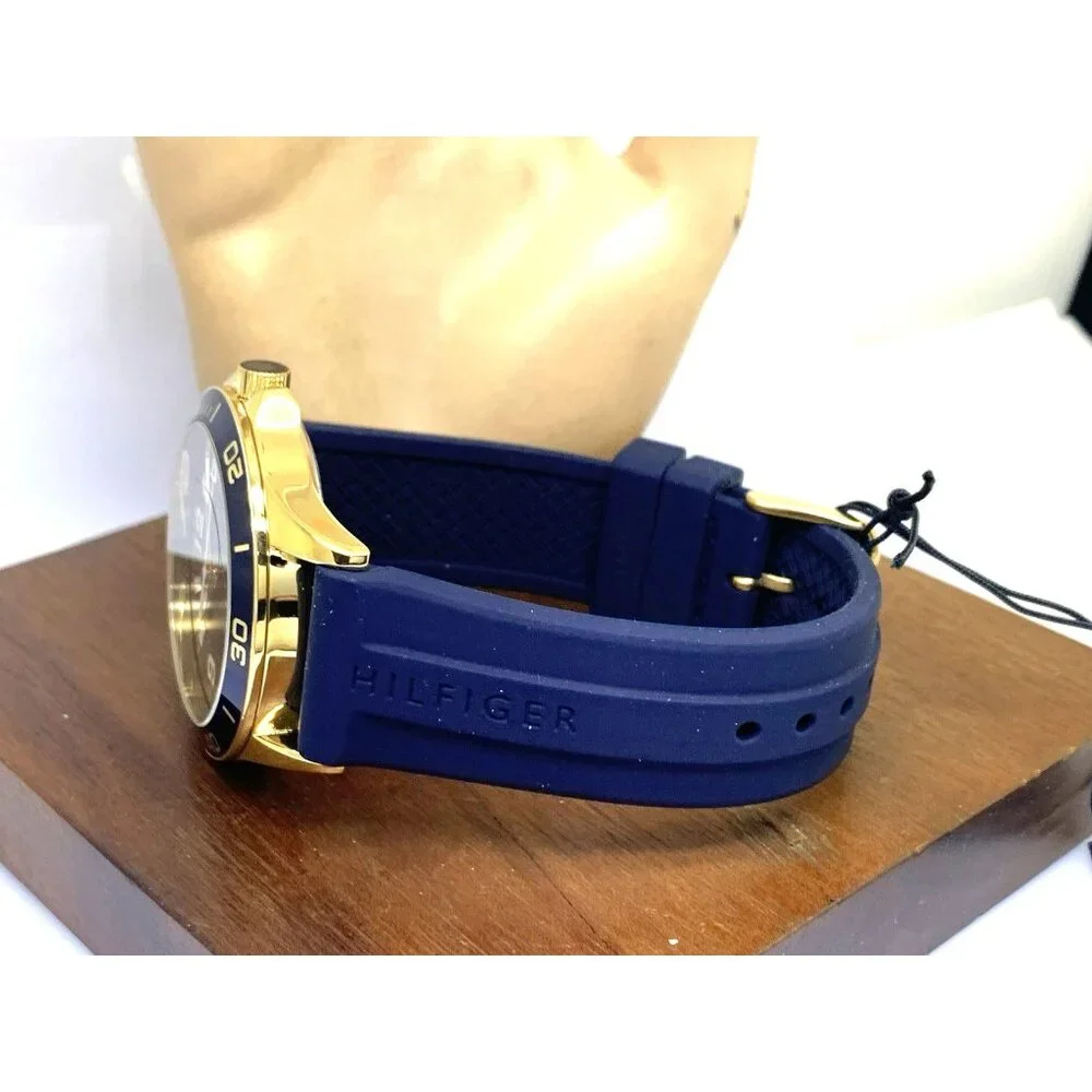 Tommy Hilfiger Men's Watch 1791868 Quartz Gold Blue Dial Rubber Strap 44mm